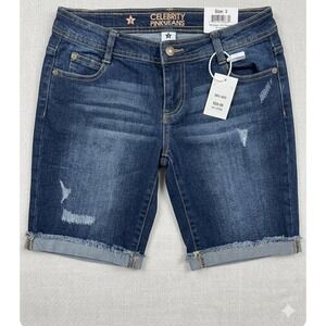 Celebrity Pink Jeans Women Dark Wash Distressed Bermuda Denim Shorts Size 3 NEW